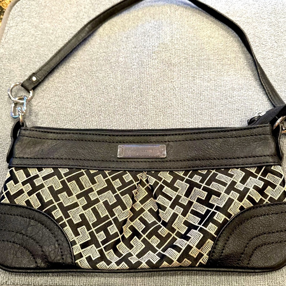 Tommy Hilfigure monogrammed wristlet pouch grey & blk canvas and black leather